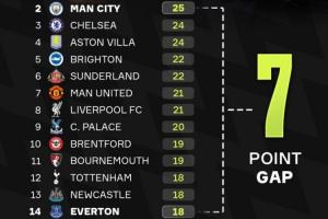 一场天堂一场地狱赛季已过三分之一，英超第2与第14只差7分
