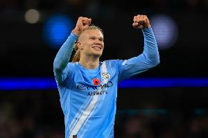 哈兰德连续4场欧冠客场破门，为曼城队史第三人